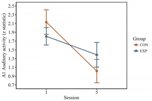 Activation of the primary auditory cortex in response to binaural stimulation. Activation significantly decreased from session 1 to session 5.
